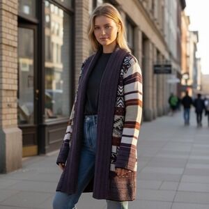 BCBG MAXAZRIA Womens Medium Aztec Lagenlook Long Cardigan Sweater Purple